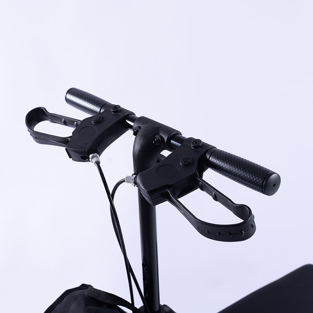 Blue EQUIPMED Knee Scooter Walker with 10-inch tires, dual brakes, and storage bag for broken leg or foot mobility aid.