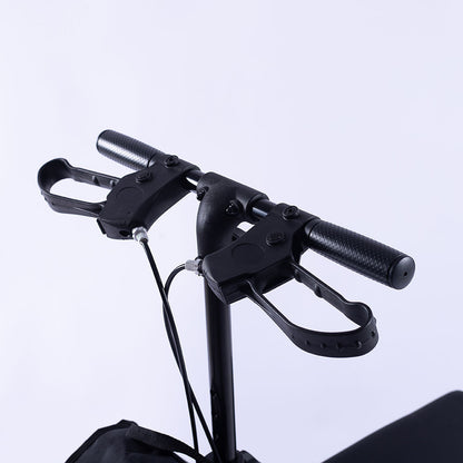 Blue EQUIPMED Knee Scooter Walker with 10-inch tires, dual brakes, and storage bag for broken leg or foot mobility aid.