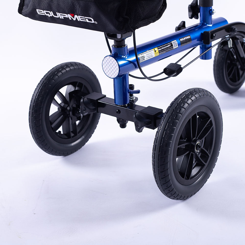 Blue EQUIPMED knee scooter walker with 10-inch tires, dual brakes, and carrying bag for broken leg, ankle, or foot mobility support.
