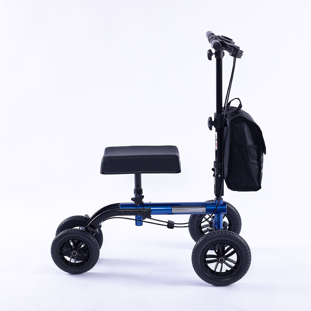 Blue EQUIPMED Knee Scooter Walker with 10-inch tires, dual brakes, and a storage bag for broken leg and ankle mobility aid.