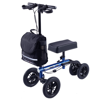 Blue EQUIPMED knee scooter walker with 10-inch tires, dual brakes, and storage bag for broken leg, ankle, or foot mobility aid.