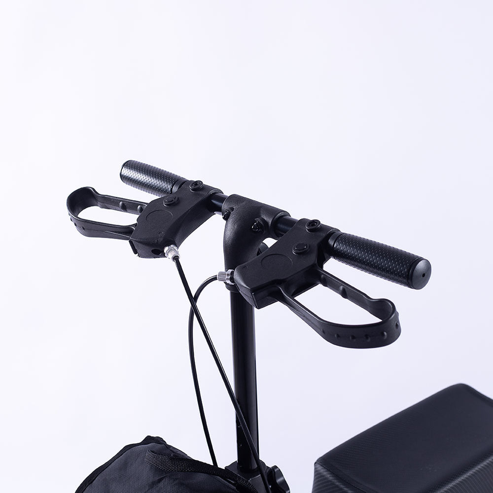 Hlpmedical EQUIPMED knee scooter walker with 10-inch tires, dual brakes, and carry bag in titanium color for mobility aid.