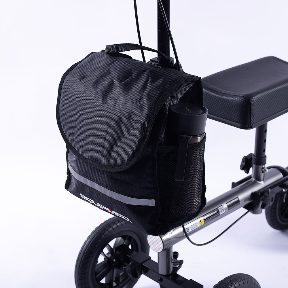 Hlpmedical EQUIPMED knee scooter walker with 10-inch tires, dual brakes, storage bag, in titanium color for broken leg mobility.