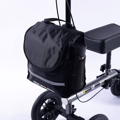 Hlpmedical EQUIPMED knee scooter walker with 10-inch tires, dual brakes, storage bag, in titanium color for broken leg mobility.