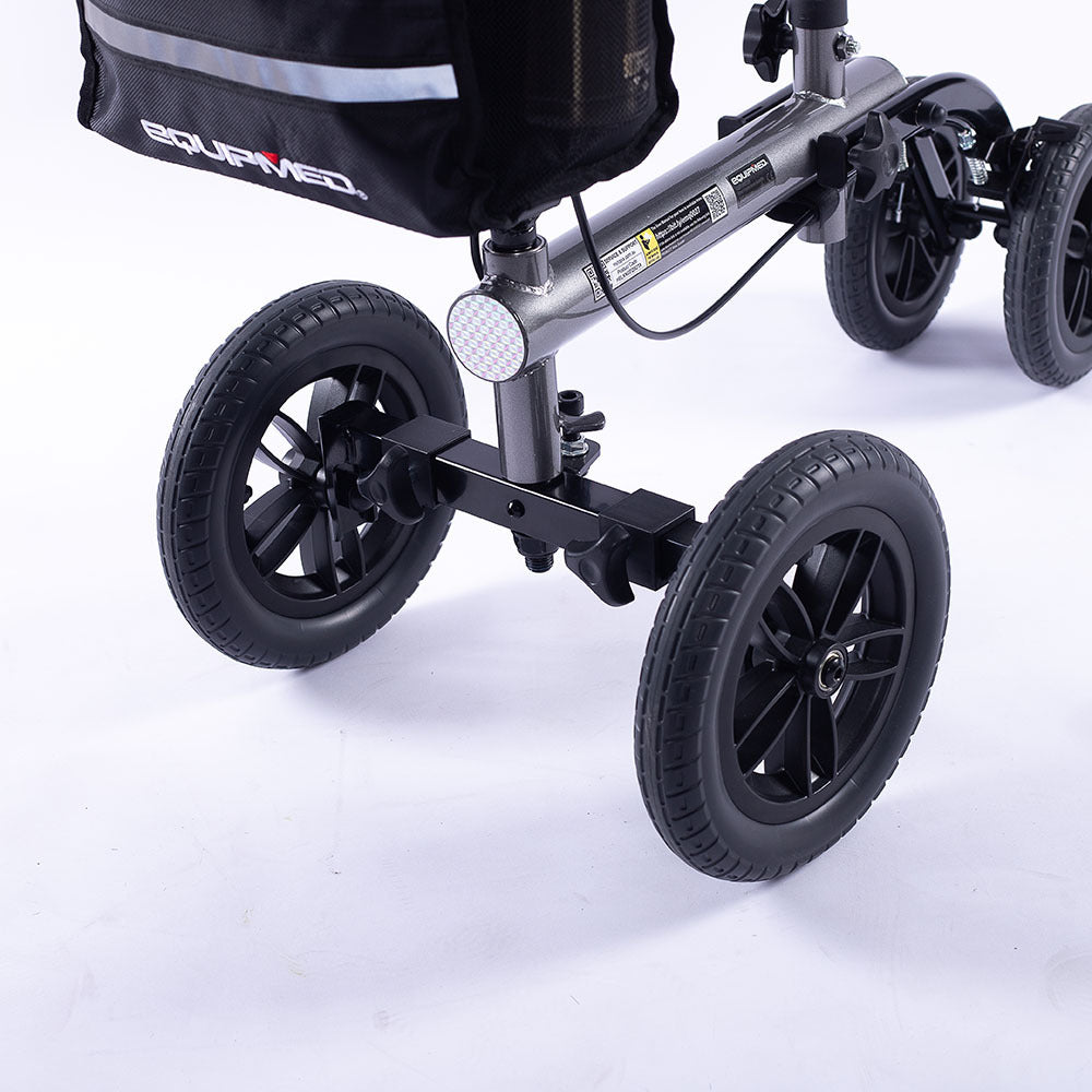 Hlpmedical EQUIPMED knee scooter walker with 10-inch tires, dual brakes, and storage bag in titanium color for mobility support.