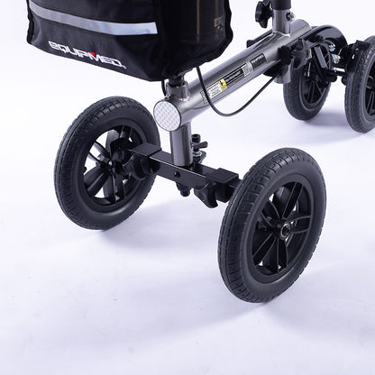 Hlpmedical EQUIPMED knee scooter walker with 10-inch tires, dual brakes, and storage bag in titanium color for mobility support.