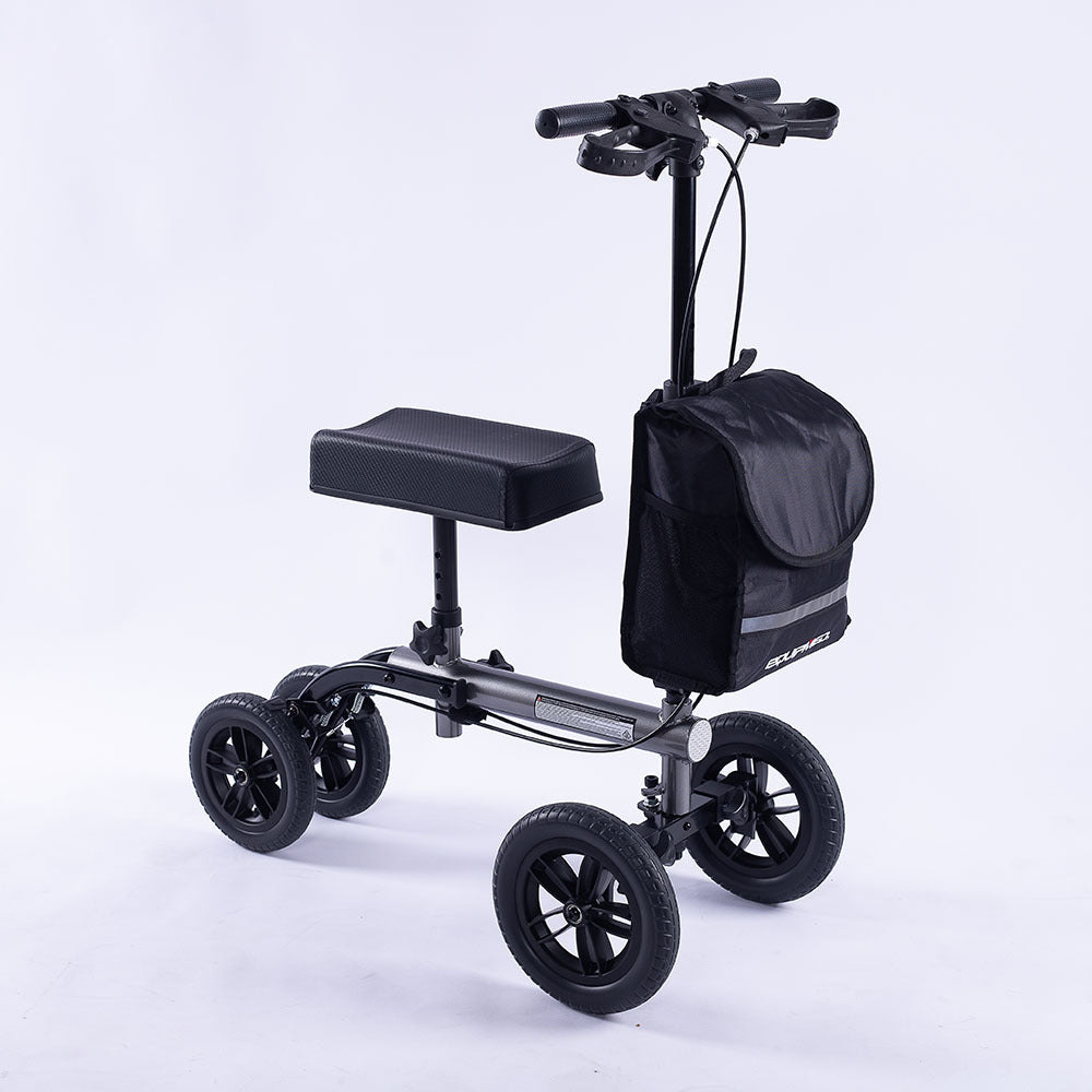 Hlpmedical EQUIPMED knee scooter walker with 10-inch tires, dual brakes, and storage bag in titanium color for mobility support.