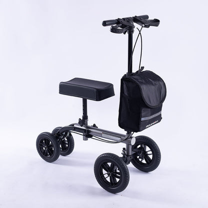 Hlpmedical EQUIPMED knee scooter walker with 10-inch tires, dual brakes, and storage bag in titanium color for mobility support.