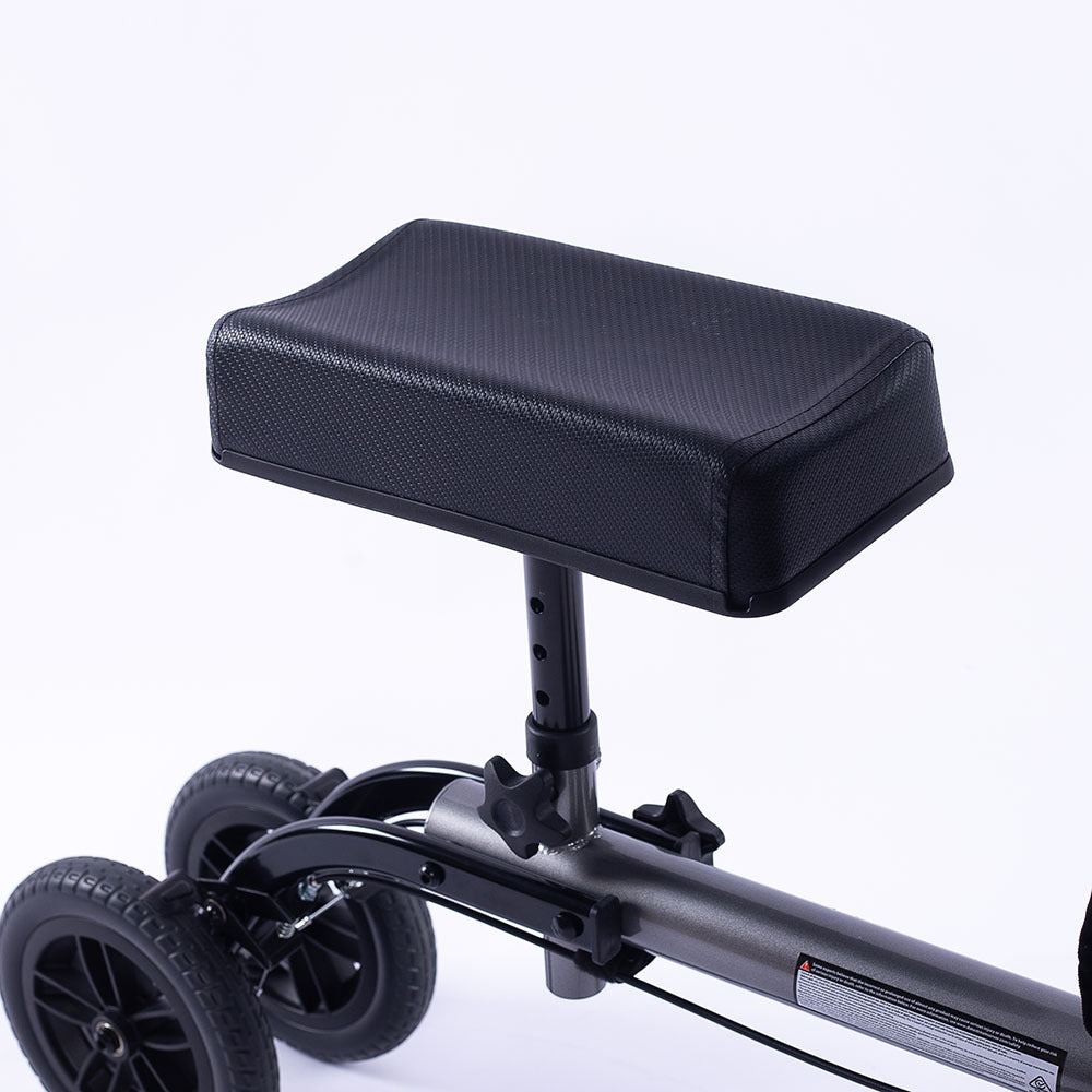 Hlpmedical EquipMed knee scooter walker with 10-inch tires, dual brakes, and storage bag in titanium color for broken leg mobility.