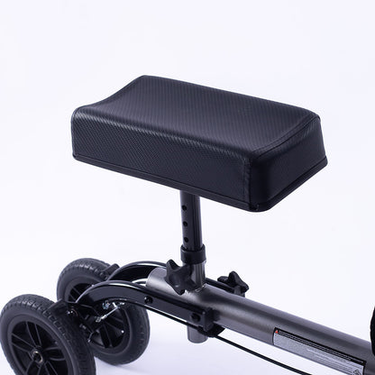 Hlpmedical EquipMed knee scooter walker with 10-inch tires, dual brakes, and storage bag in titanium color for broken leg mobility.