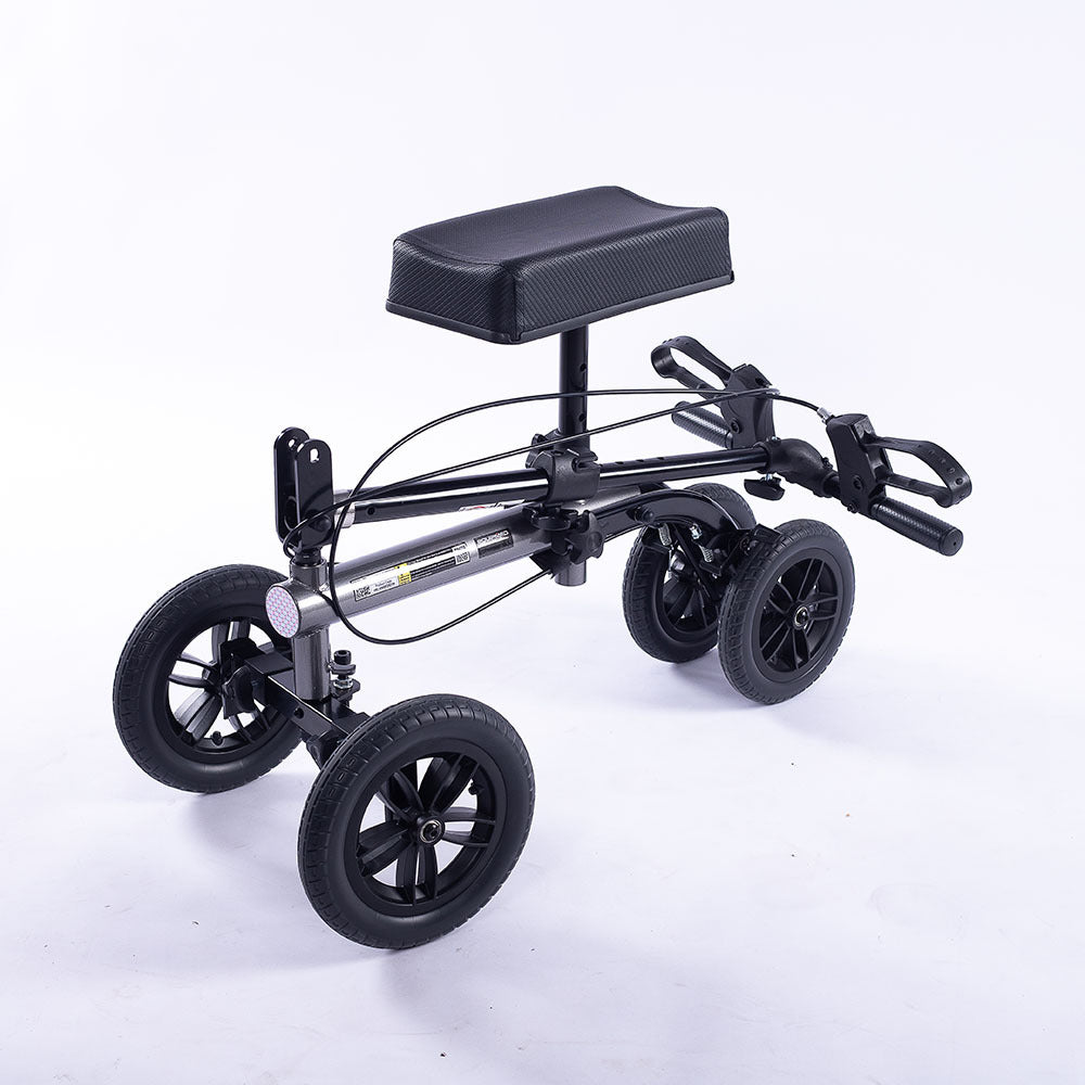 Hlpmedical Equipmed knee scooter walker with 10-inch tires, dual brakes, and storage bag in titanium color for mobility aid.