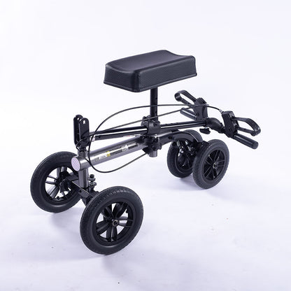 Hlpmedical Equipmed knee scooter walker with 10-inch tires, dual brakes, and storage bag in titanium color for mobility aid.
