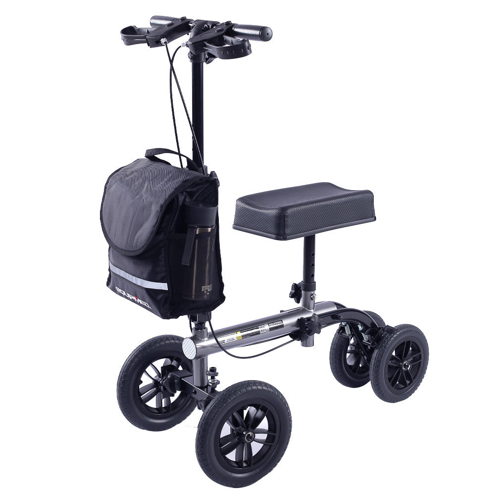 Hlpmedical EQUIPMED Knee Scooter Walker with 10-inch tires, dual brakes, and storage bag in titanium color for broken leg mobility.