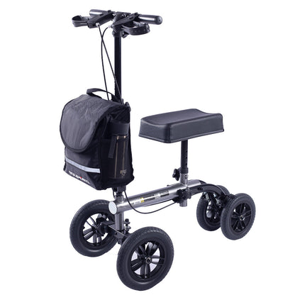 Hlpmedical EQUIPMED Knee Scooter Walker with 10-inch tires, dual brakes, and storage bag in titanium color for broken leg mobility.