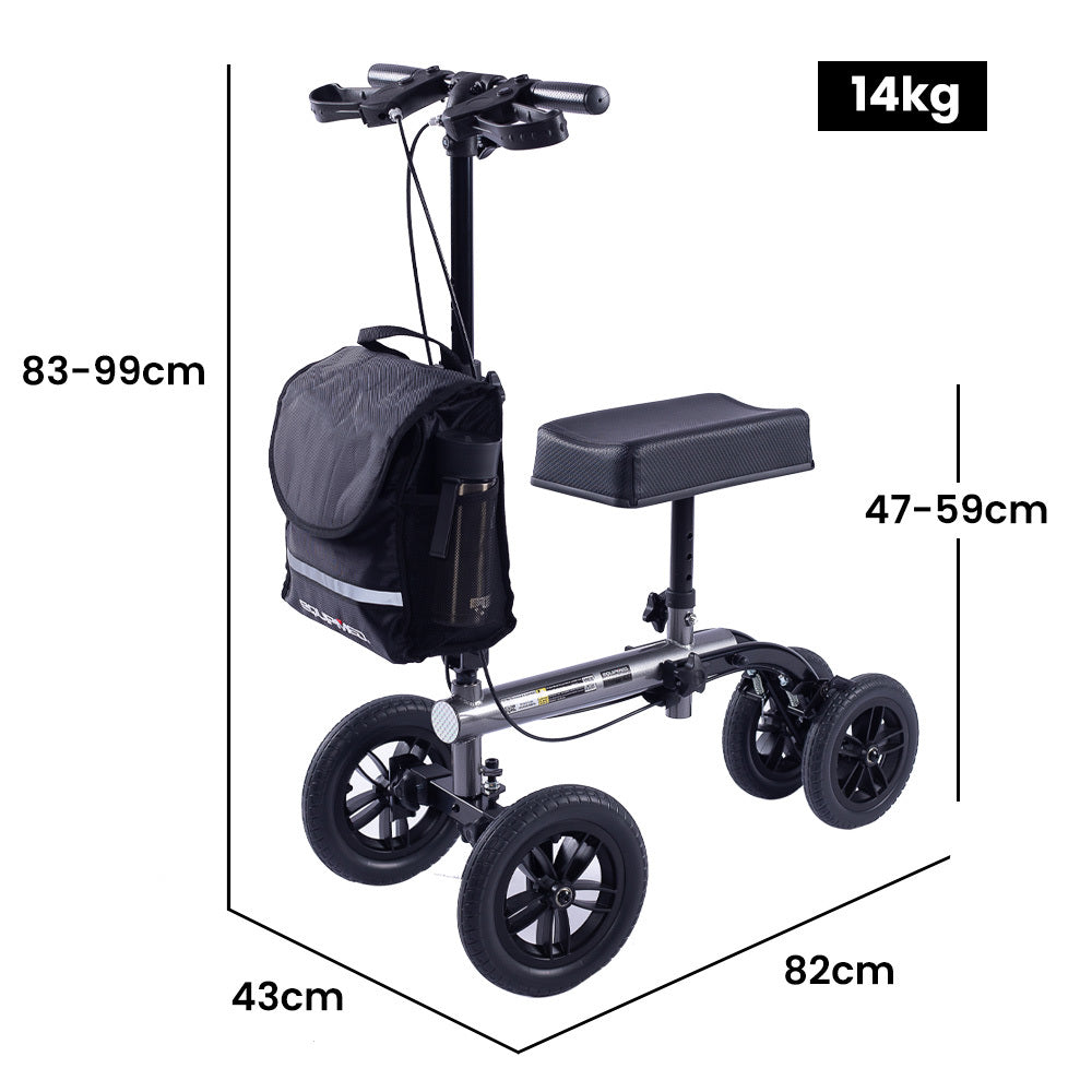 Hlpmedical Equipmed knee scooter walker with 10-inch tires, dual brakes, and carrying bag in titanium color for broken leg mobility.