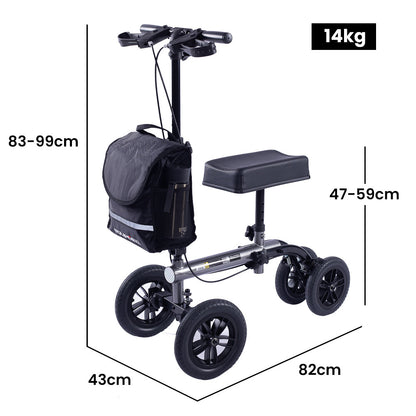 Hlpmedical Equipmed knee scooter walker with 10-inch tires, dual brakes, and carrying bag in titanium color for broken leg mobility.