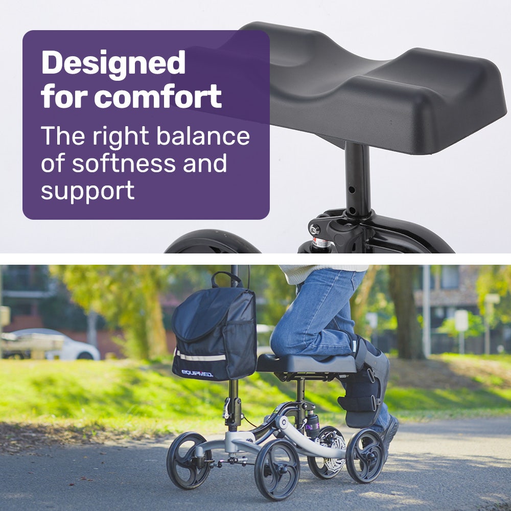 Hlpmedical EQUIPMED knee scooter walker with disc brake and suspension, featuring a storage bag for broken leg or ankle mobility aid.
