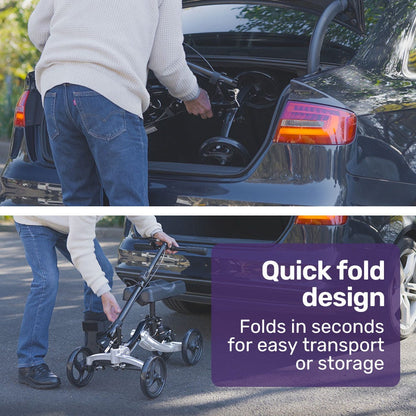 Hlpmedical EQUIPMED knee scooter walker with disc brake and suspension, featuring a storage bag for broken leg and ankle foot mobility.