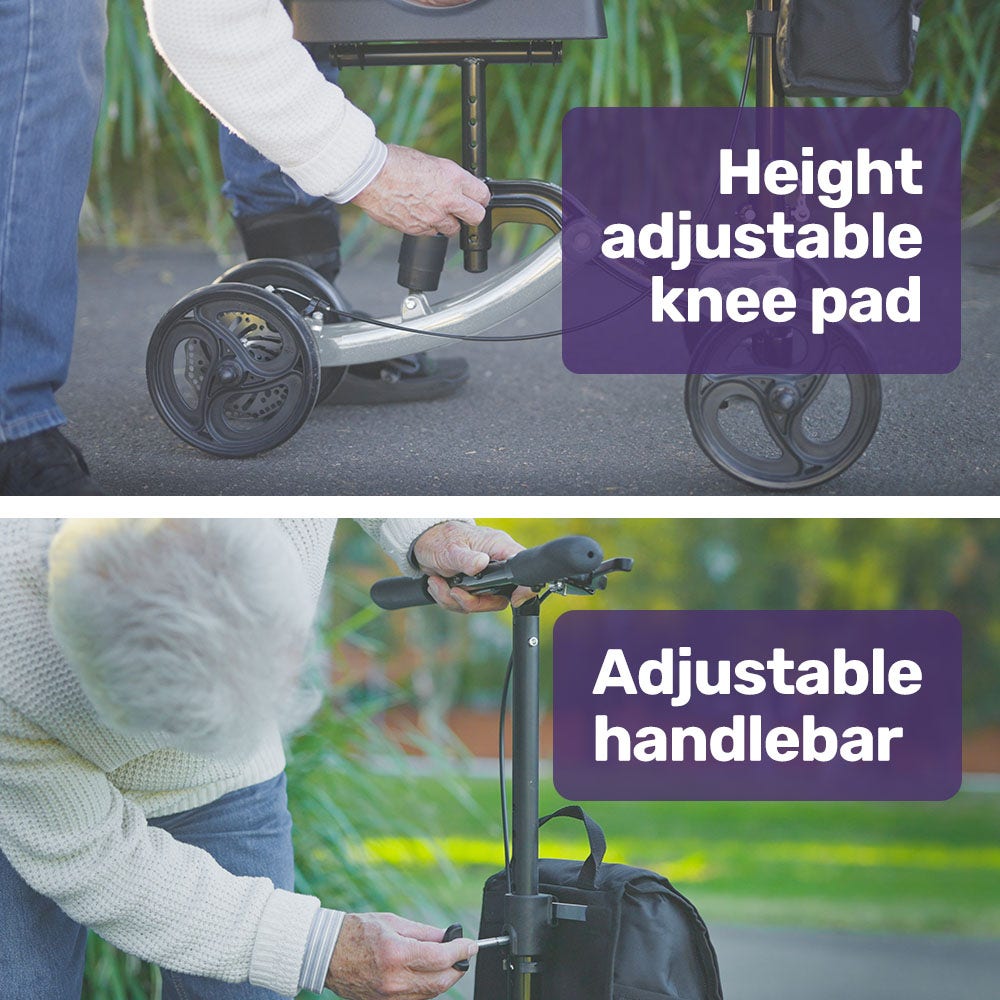 Hlpmedical EQUIPMED knee scooter walker with disc brake, suspension, and carrying bag for broken leg or ankle mobility support.