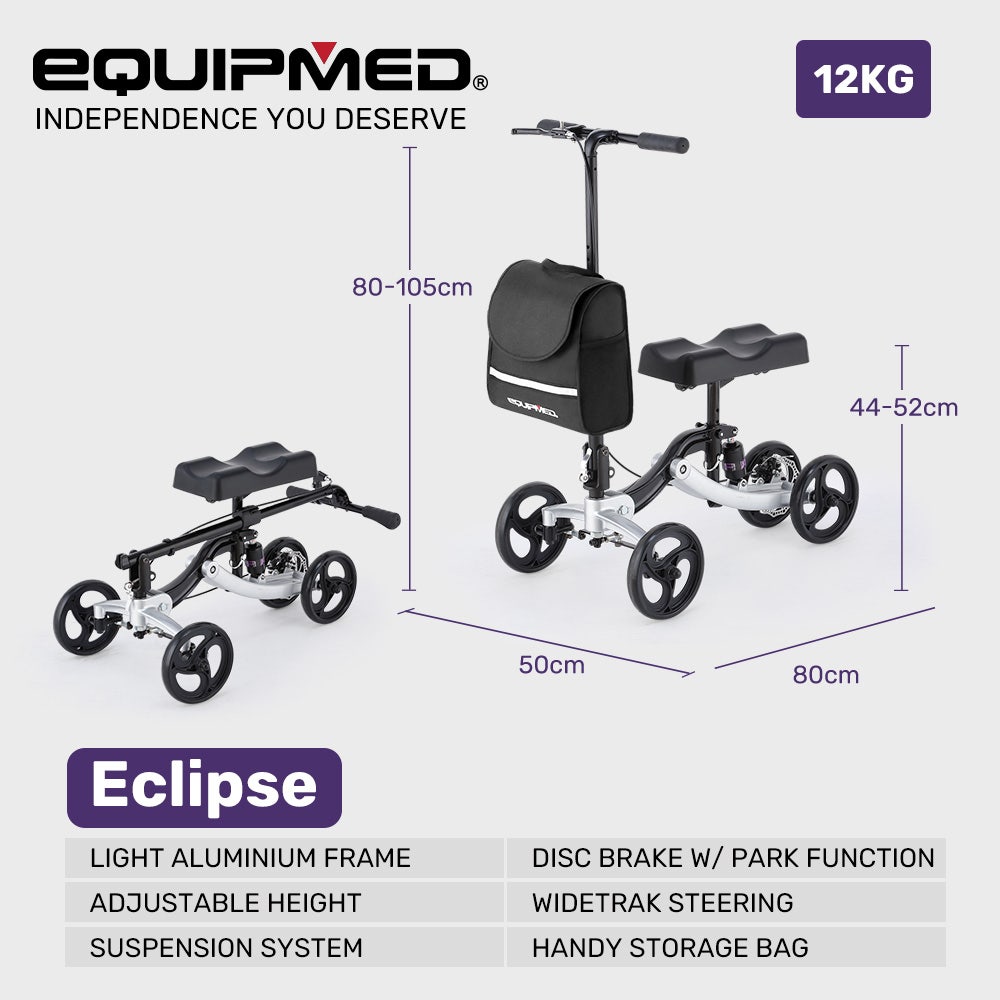 Hlpmedical EQUIPMED knee scooter walker with disc brake, suspension, and carrying bag for broken leg, ankle, or foot mobility aid