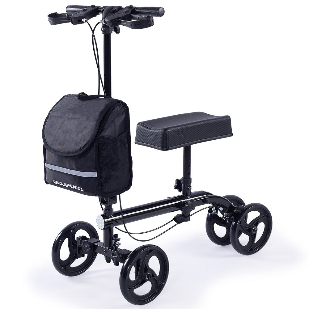 Black Equipmed knee scooter walker with dual brakes, carrying bag, designed for broken leg and foot mobility, alternative to crutches.