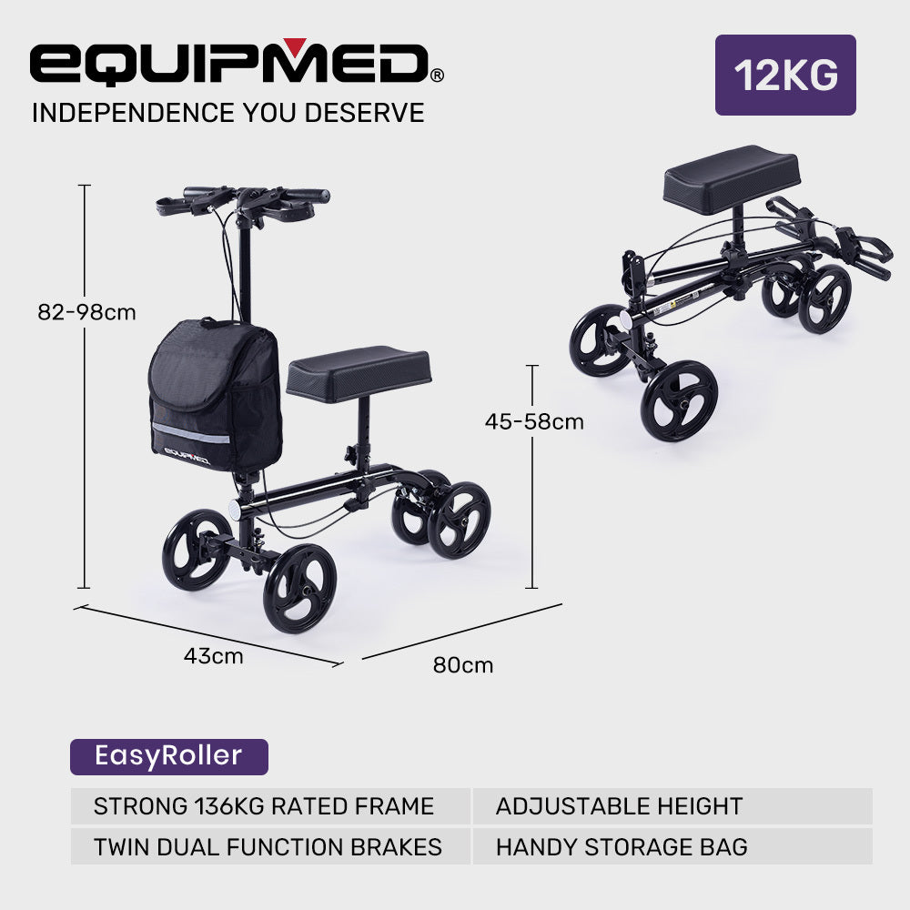 Black Equipmed knee scooter walker with dual brakes and carrying bag, designed for broken leg, ankle, and foot mobility support.