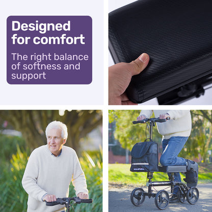 Black Equipmed knee scooter walker with dual brakes and carrying bag, designed for ankle, foot, and leg mobility support.