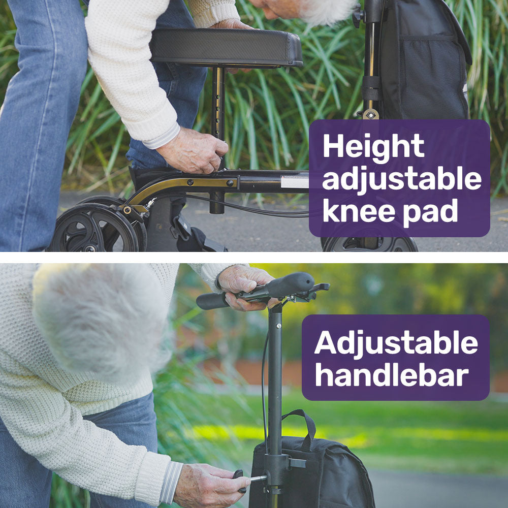 Hlpmedical Equipmed knee scooter walker with dual brakes, black frame, included storage bag, for broken leg, ankle, or foot mobility aid.