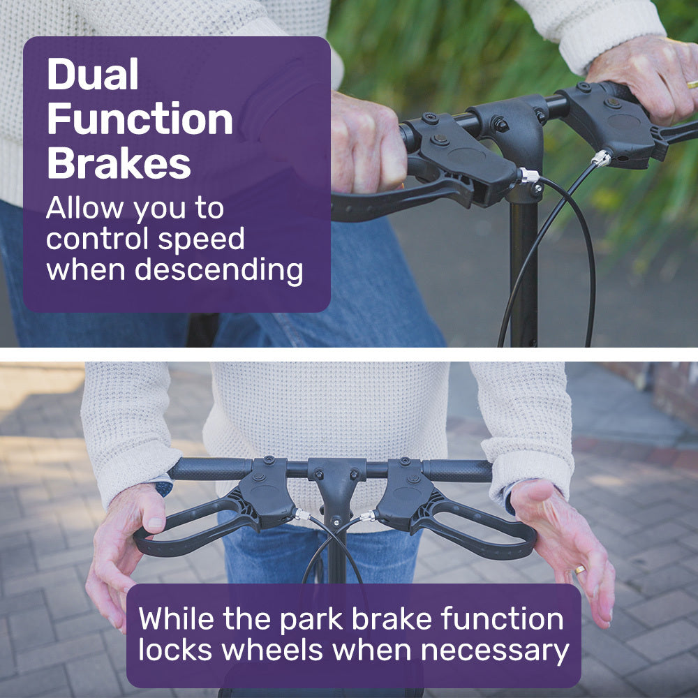 Black Equipmed knee scooter walker with dual brakes and storage bag, ideal for broken leg, ankle, or foot mobility assistance.