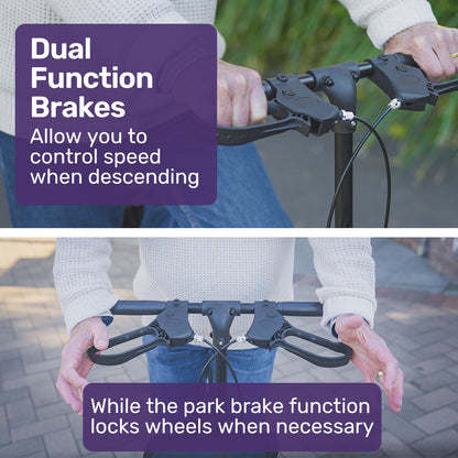 Black Equipmed knee scooter walker with dual brakes and storage bag, ideal for broken leg, ankle, or foot mobility assistance.