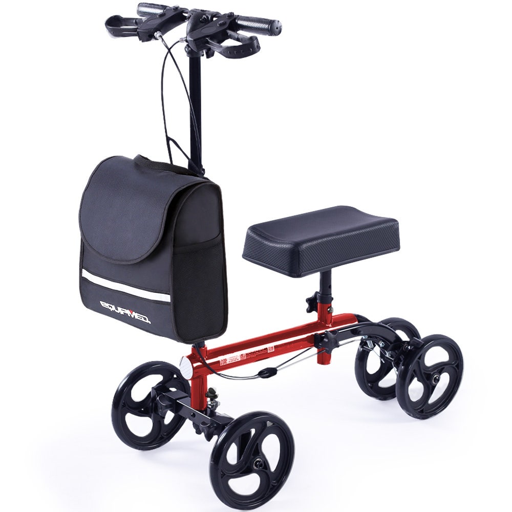 Red Equipmed knee scooter walker with dual brakes, carrying bag, designed for broken leg, ankle, or foot mobility as a crutches alternative.