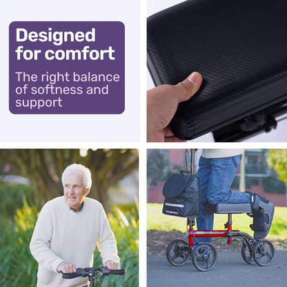 Red Equipmed knee scooter walker with dual brakes, carrying bag, designed for broken leg, ankle, or foot mobility support.