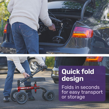 Red Equipmed knee scooter walker with dual brakes, carrying bag, ideal for broken leg, ankle, or foot mobility support.