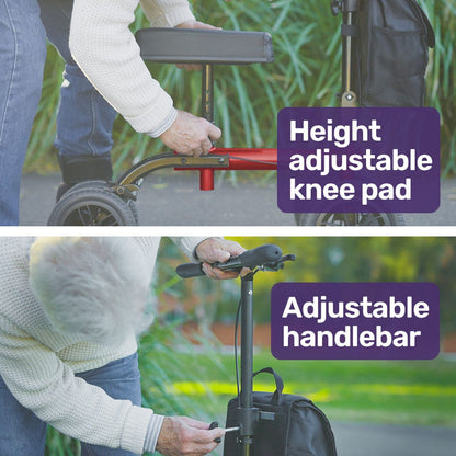 Red Equipmed knee scooter walker with dual brakes, carrying bag, designed for broken leg or ankle foot mobility aid.