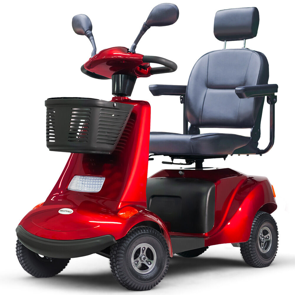 Red EQUIPMED LeisureCruise mobility scooter with high power and 182kg capacity, designed for enhanced accessibility and easy riding.