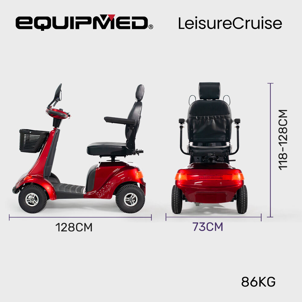 Red EQUIPMED LeisureCruise mobility scooter with high power and 182kg capacity, designed for comfort and accessibility.