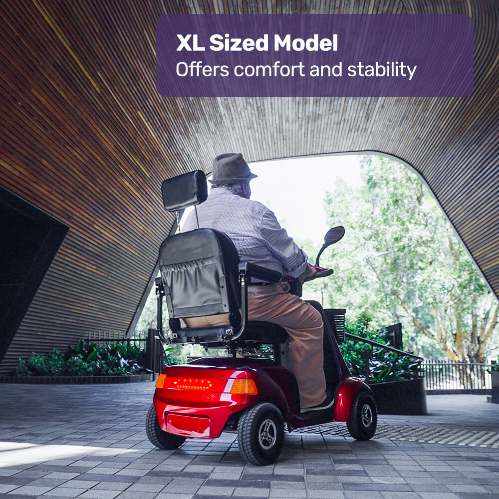 Red EQUIPMED LeisureCruise mobility scooter with high power and 182kg capacity, designed for extra-large-sized mobility needs.