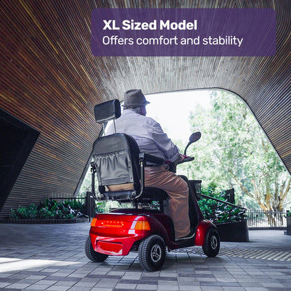 Red EQUIPMED LeisureCruise mobility scooter with high power and 182kg capacity, designed for extra-large-sized mobility needs.