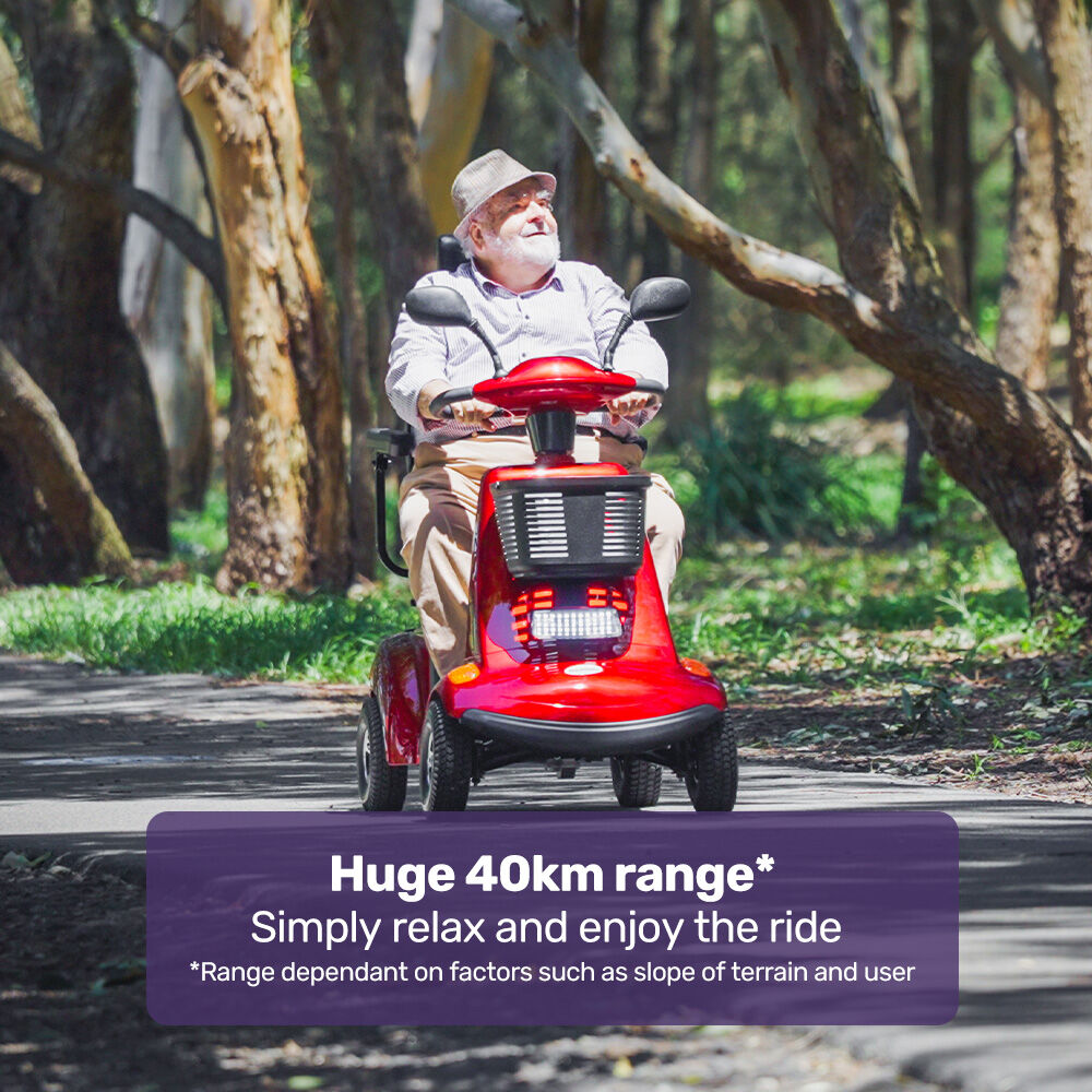 Red EQUIPMED LeisureCruise mobility scooter with high power, extra-large size, and 182kg capacity for enhanced mobility.
