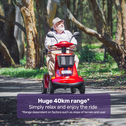 Red EQUIPMED LeisureCruise mobility scooter with high power, extra-large size, and 182kg capacity for enhanced mobility.