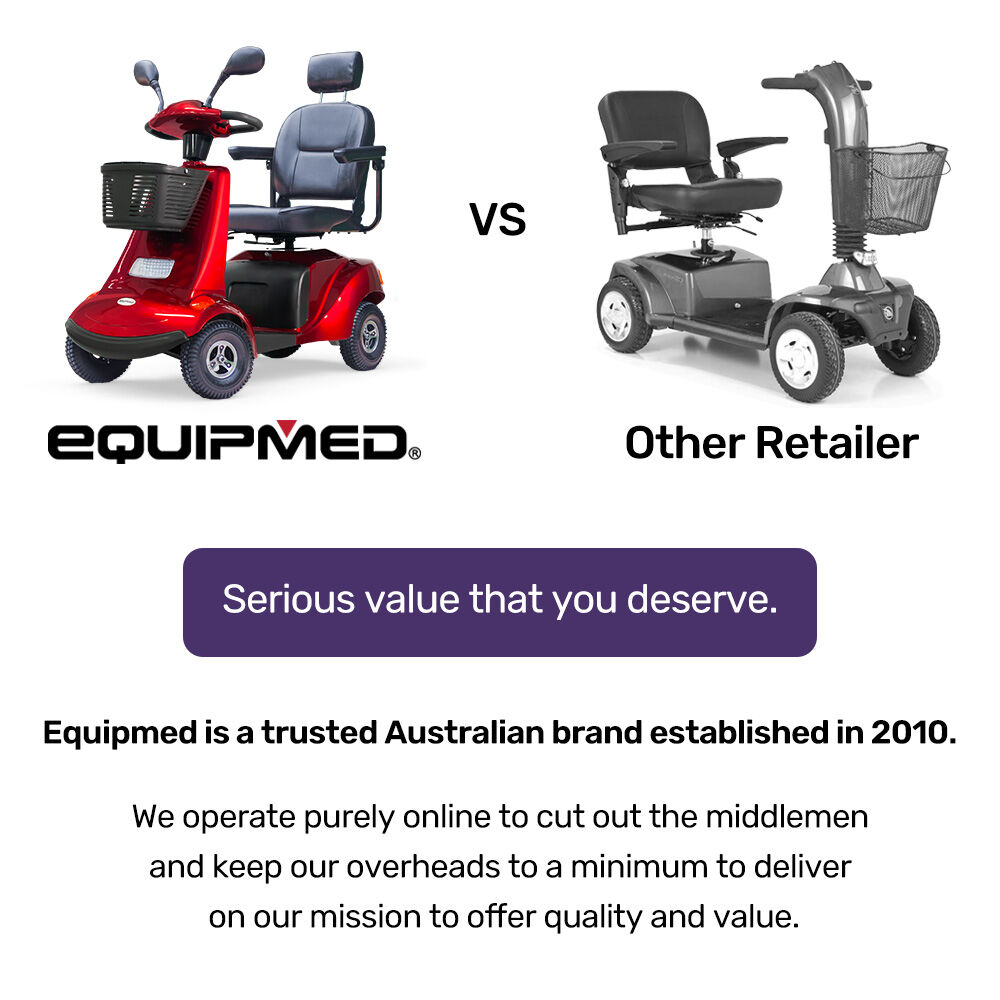 Red EQUIPMED LeisureCruise mobility scooter with high power and 182kg capacity, designed for enhanced accessibility and comfort.