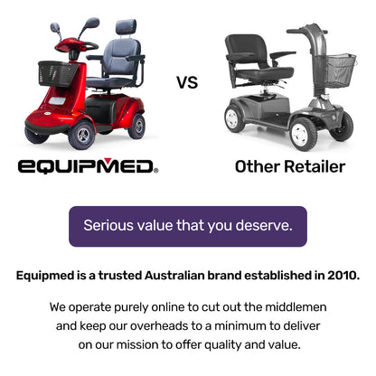 Red EQUIPMED LeisureCruise mobility scooter with high power and 182kg capacity, designed for enhanced accessibility and comfort.