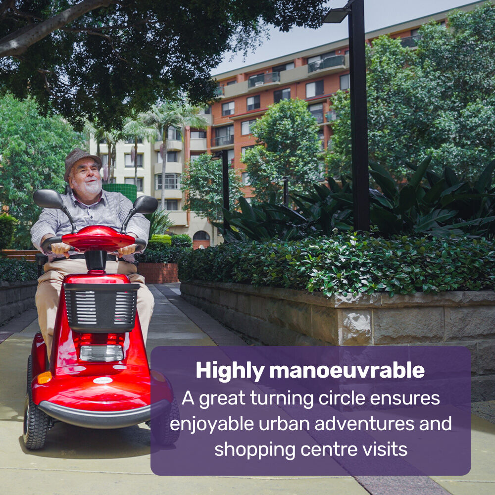 Red EQUIPMED LeisureCruise mobility scooter with high power and 182kg capacity, designed for extra-large-sized comfort and accessibility.