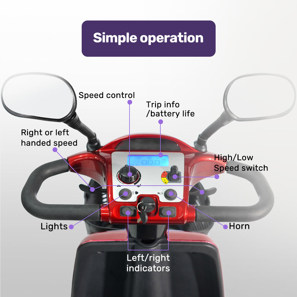 Red EQUIPMED LeisureCruise mobility scooter with high power and 182kg capacity, designed for easy outdoor mobility and accessibility.