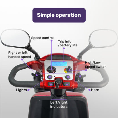 Red EQUIPMED LeisureCruise mobility scooter with high power and 182kg capacity, designed for easy outdoor mobility and accessibility.