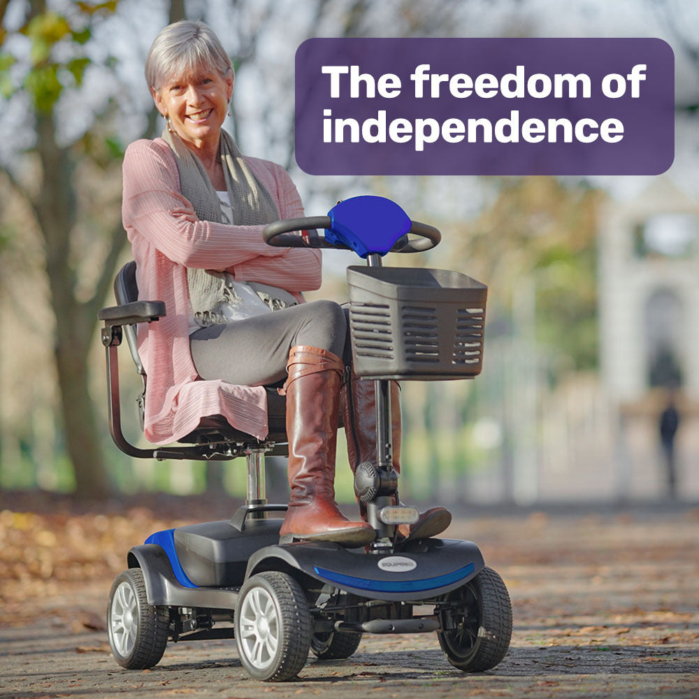 Hlpmedical EQUIPMED electric mobility scooter with 4 wheels, portable, foldable design for easy transportation and mobility assistance.