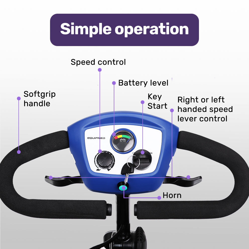 Hlpmedical EQUIPMED electric mobility scooter with 4 wheels, portable, foldable design for easy transportation and mobility assistance.