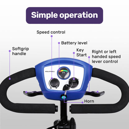 Hlpmedical EQUIPMED electric mobility scooter with 4 wheels, portable, foldable design for easy transportation and mobility assistance.