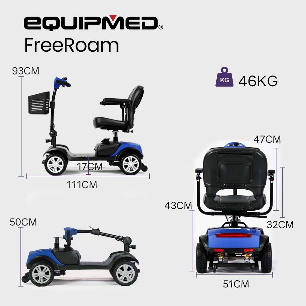 Hlpmedical EQUIPMED electric mobility scooter with 4 wheels, foldable and portable for easy transportation and accessible mobility.