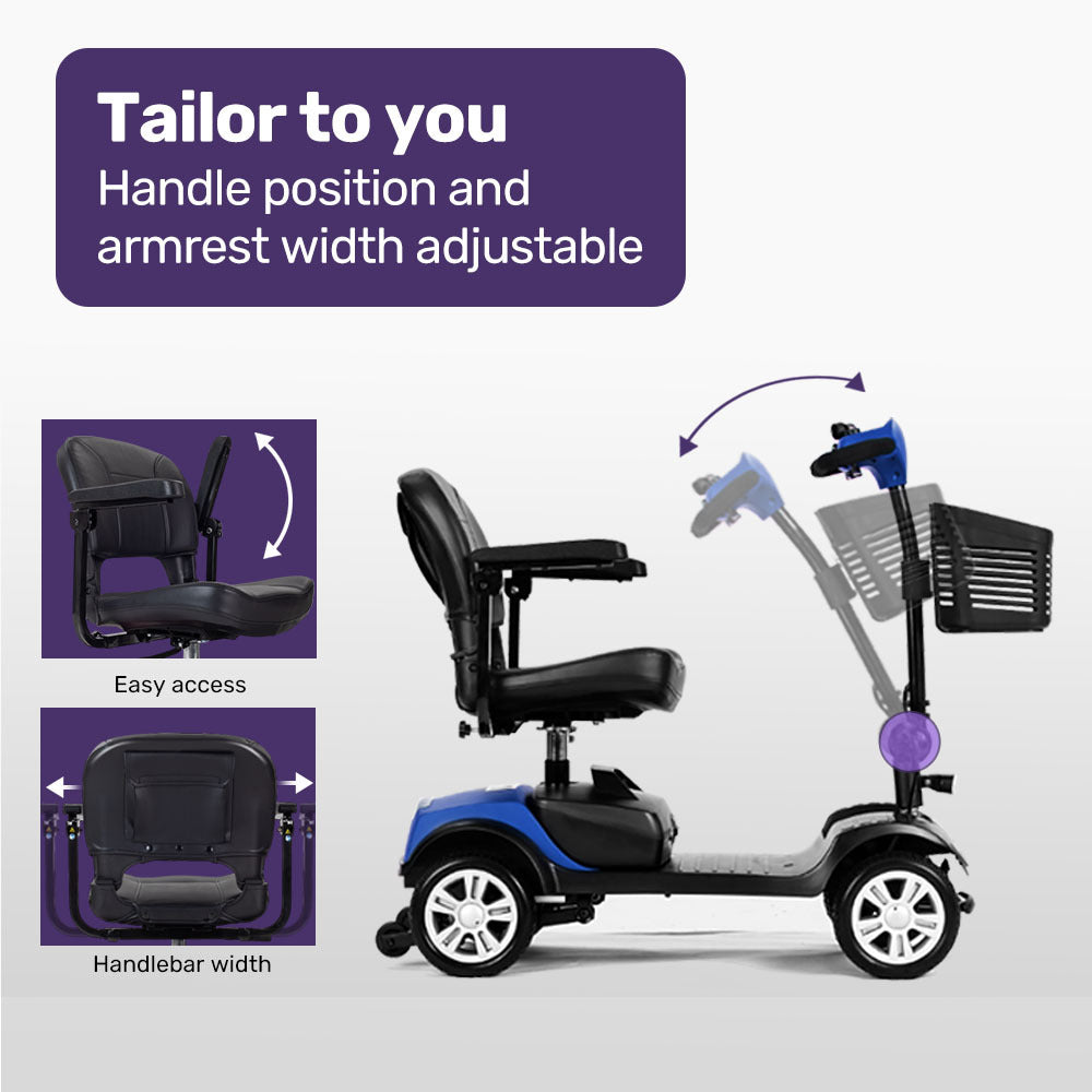 Hlpmedical EQUIPMED 4-wheel electric mobility scooter, portable and foldable for easy transport and enhanced mobility.